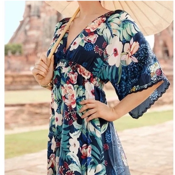 Johnny Was Annia Printed Silk V-Neck Kimono Sleeve Midi Dress Sz XL - Picture 16 of 16